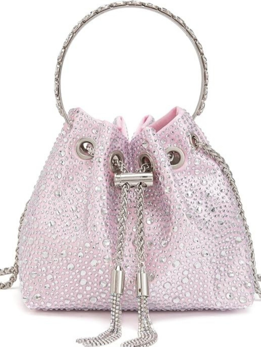 Elegant Light Pink & Silver Crystal-Embellished Drawstring Bucket Bag Purse